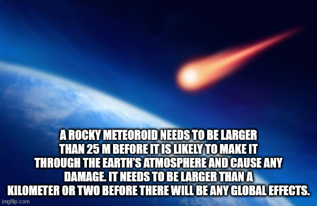 cool facts - look at this gq - A Rocky Meteoroid Needs To Be Larger Than 25 M Before It Is ly To Make It Through The Earth'S Atmosphere And Cause Any Damage. It Needs To Be Larger Than A Kilometer Or Two Before There Will Be Any Global Effects. imgflip.co