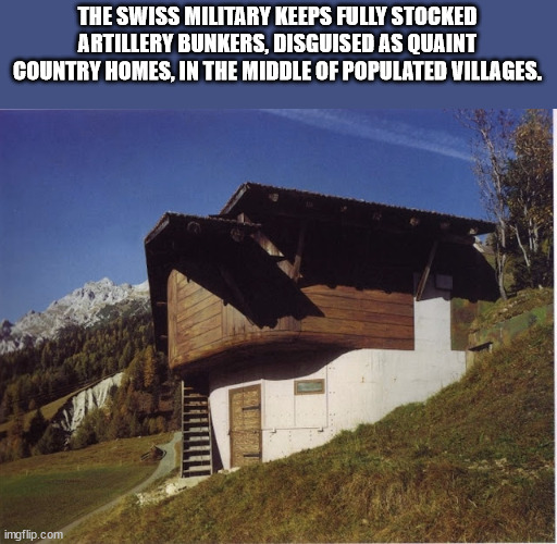 cool facts - switzerland hidden bunkers - The Swiss Military Keeps Fully Stocked Artillery Bunkers, Disguised As Quaint Country Homes, In The Middle Of Populated Villages. imgflip.com