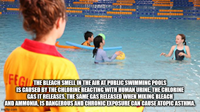 water - Fegle The Bleach Smell In The Air At Public Swimming Pools Is Caused By The Chlorine Reacting With Human Urine. The Chlorine Gas It Releases, The Same Gas Released When Mixing Bleach And Ammonia, Is Dangerous And Chronic Exposure Can Cause Atopic 