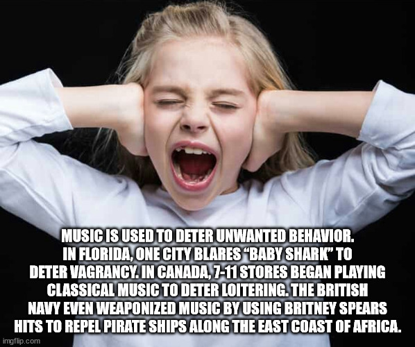 photo caption - Music Is Used To Deter Unwanted Behavior. In Florida, One City Blares "Baby Shark" To Deter Vagrancy. In Canada, 711 Stores Began Playing Classical Music To Deter Loitering. The British Navy Even Weaponized Music By Using Britney Spears Hi