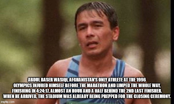 photo caption - Abdul Baser Wasiql, Afghanistan'S Only Athlete At The 1996 Olympics Injured Himself Before The Marathon And Limped The Whole Way, Finishing In 17, Almost An Hour And A Half Behind The 2ND Last Finisher. When He Arrived, The Stadium Was Alr
