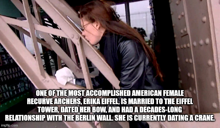 married to the eiffel tower - One Of The Most Accomplished American Female Recurve Archers, Erika Eiffel, Is Married To The Eiffel Tower, Dated Her Bow, And Had A DecadesLong Relationship With The Berlin Wall. She Is Currently Dating A Crane. imgflip.com