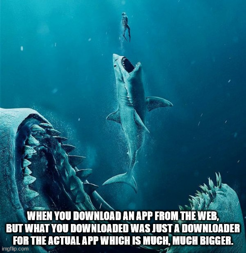 there is always a bigger fish - When You Download An App From The Web, But What You Downloaded Was Just A Downloader For The Actual App Which Is Much, Much Bigger. imgflip.com