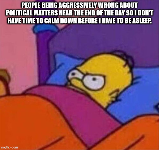 angry homer bed - People Being Aggressively Wrong About Political Matters Near The End Of The Day So I Dont Have Time To Calm Down Before I Have To Be Asleep. imgflip.com