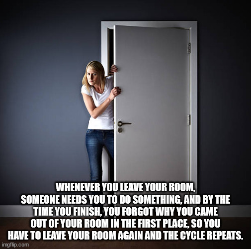standing - Whenever You Leave Your Room, Someone Needs You To Do Something, And By The Time You Finish, You Forgot Why You Came Out Of Your Room In The First Place, So You Have To Leave Your Room Again And The Cycle Repeats. imgflip.com
