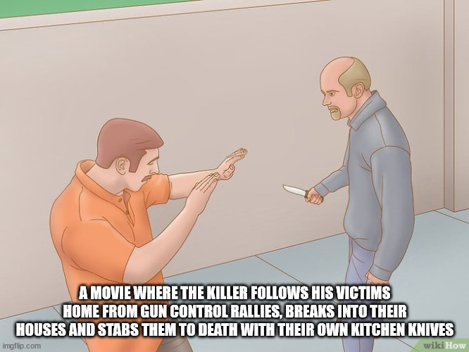 cartoon - A Movie Where The Killer s His Victims Home From Gun Control Rallies, Breaks Into Their Houses And Stabs Them To Death With Their Own Kitchen Knives imgflip.com wikiHow