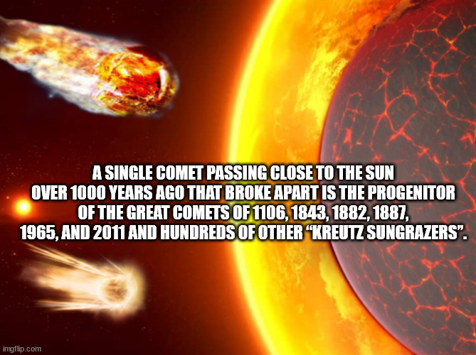 heat - A Single Comet Passing Close To The Sun Over 1000 Years Ago That Broke Apart Is The Progenitor Of The Great Comets Of 1106, 1843, 1882, 1887, 1965, And 2011 And Hundreds Of Other "Kreutz Sungrazers". imgflip.com