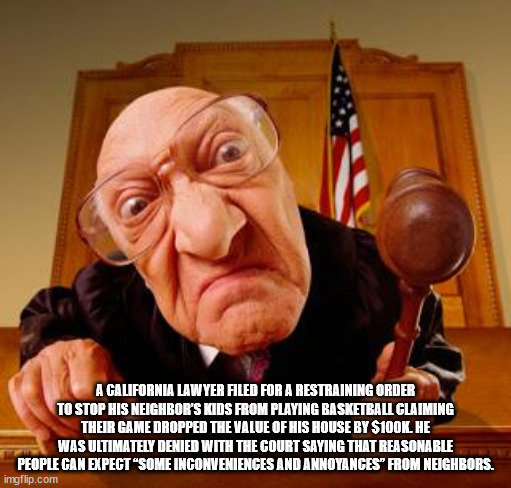 fisheye lens meme - A California Lawyer Filed For A Restraining Order To Stop His Neighbor'S Kids From Playing Basketball Claiming Their Game Dropped The Value Of His House By $. He Was Ultimately Denied With The Court Saying That Reasonable People Can Ex