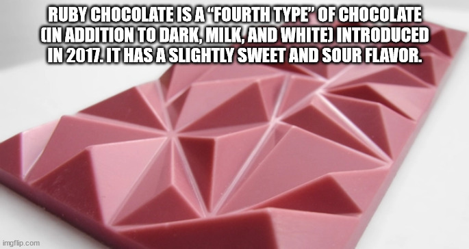 what's ruby chocolate - Ruby Chocolate Is A "Fourth Type" Of Chocolate Cin Addition To Dark, Milk, And White Introduced In 2017. It Has A Slightly Sweet And Sour Flavor. imgflip.com