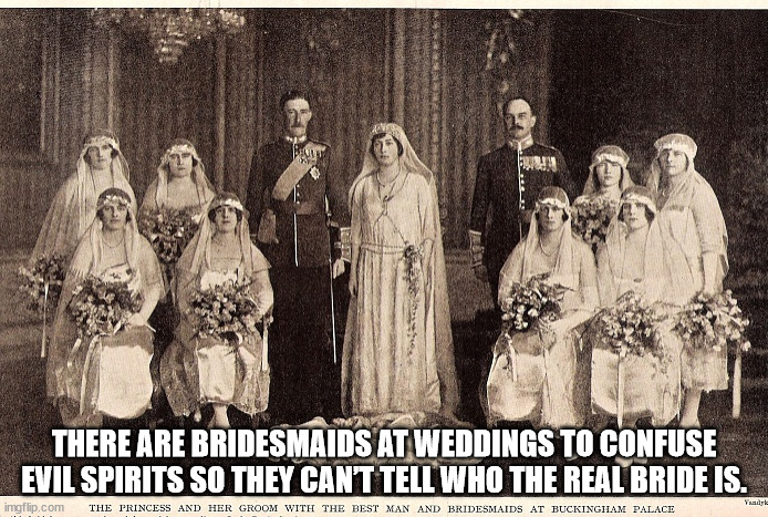 princess mary the first modern princess - There Are Bridesmaids At Weddings To Confuse Evil Spirits So They Can'T Tell Who The Real Bride Is. Yule imgflip.com The Princess And Her Groom With The Best Man And Bridesmaids At Buckingham Palace