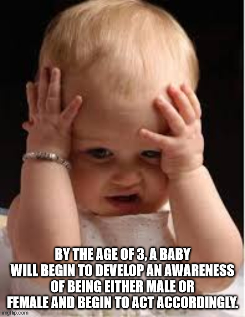 frustrated baby meme - By The Age Of 3, A Baby Will Begin To Develop An Awareness Of Being Either Male Or Female And Begin To Act Accordingly. imgflip.com