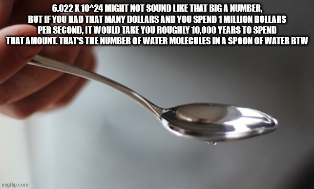 spoon - 6.022 X 10^24 Might Not Sound That Big A Number, But If You Had That Many Dollars And You Spend 1 Million Dollars Per Second, It Would Take You Roughly 10,000 Years To Spend That Amount That'S The Number Of Water Molecules In A Spoon Of Water Btw…