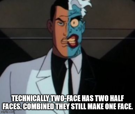 cartoon - Technically TwoFace Has Two Half Faces. Combined They Still Make One Face. imgflip.com