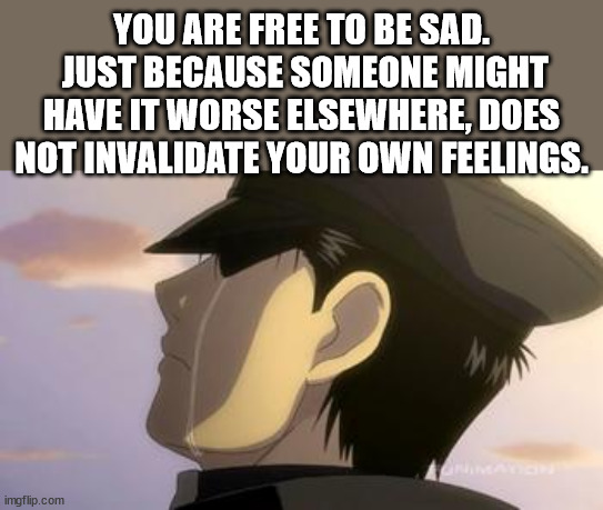 cartoon - You Are Free To Be Sad. Just Because Someone Might Have It Worse Elsewhere, Does Not Invalidate Your Own Feelings. Mw imgflip.com