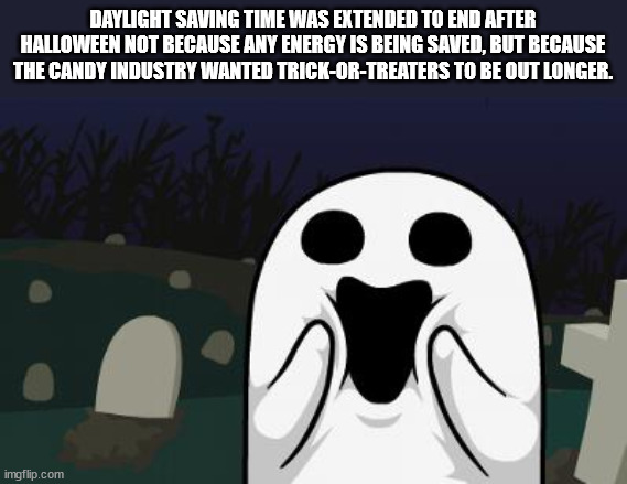 cartoon - Daylight Saving Time Was Extended To End After Halloween Not Because Any Energy Is Being Saved, But Because The Candy Industry Wanted TrickOrTreaters To Be Out Longer. imgflip.com