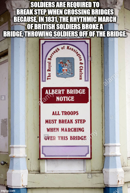 battersea park - Soldiers Are Required To Break Step When Crossing Bridges a Because, In 1831, The Rhythmic March Of British Soldiers Broke A Bridge, Throwing Soldiers Off Of The Bridge. Kensington Borough a The Royal & Chelsea alamy anUBERT Bridge Notice