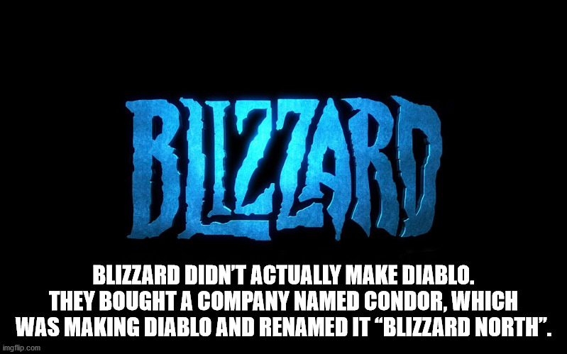 fun facts - blizzard entertainment - Bizzard Blizzard Didn'T Actually Make Diablo. They Bought A Company Named Condor, Which Was Making Diablo And Renamed It Blizzard North". imgflip.com
