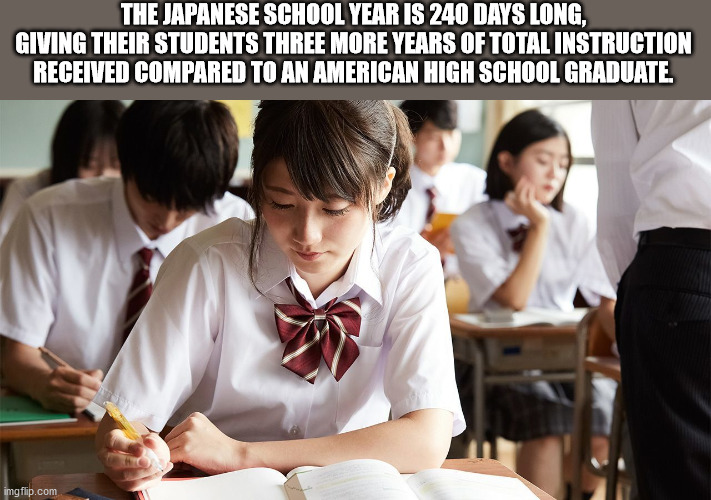 fun facts - Japan - The Japanese School Year Is 240 Days Long, Giving Their Students Three More Years Of Total Instruction Received Compared To An American High School Graduate. imgflip.com
