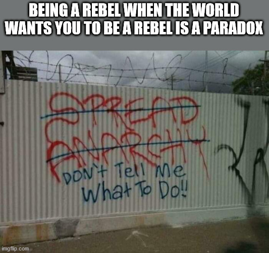 shower thoughts - anarchy don t tell me what to do - Being A Rebel When The World Wants You To Be A Rebel Is A Paradox Spread Don T Tell Me What To Do! imgflip.com