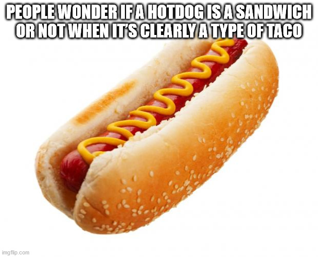 shower thoughts - hot dog - People Wonder If A Hotdog Is A Sandwich Or Not When It'S Clearly A Type Of Taco imgflip.com