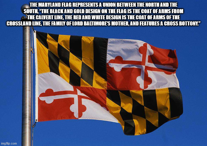 fun facts - useless factsFlag of Maryland - The Maryland Flag Represents A Union Between The North And The South, "The Black And Gold Design On The Flag Is The Coat Of Arms From The Calvert Line, The Red And White Design Is The Coat Of Arms Of The Crossla