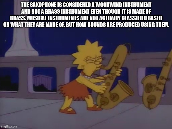 cartoon - The Saxophone Is Considered A Woodwind Instrument And Not A Brass Instrument Even Though It Is Made Of Brass. Musical Instruments Are Not Actually Classified Based On What They Are Made Of, But How Sounds Are Produced Using Them. imgflip.com