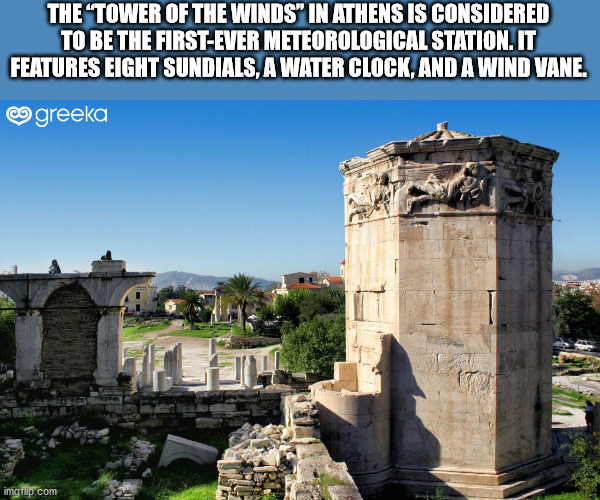 roman forum - The "Tower Of The Winds" In Athens Is Considered To Be The FirstEver Meteorological Station. It Features Eight Sundials, A Water Clock, And A Wind Vane. greeka imgflip.com