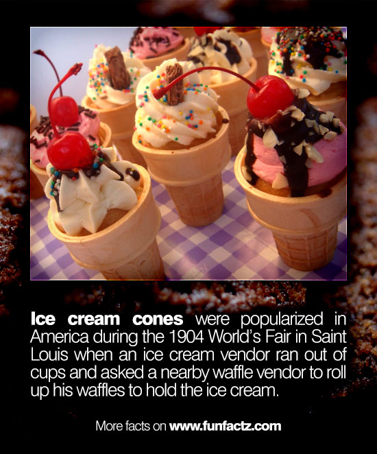 ice cream cone cupcakes - Ice cream cones were popularized in America during the 1904 World's Fair in Saint Louis when an ice cream vendor ran out of cups and asked a nearby waffle vendor to roll up his waffles to hold the ice cream. More facts on