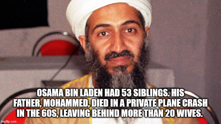 usama biladon - Osama Bin Laden Had 53 Siblings. His Father, Mohammed, Died In A Private Plane Crash In The 60S, Leaving Behind More Than 20 Wives. imgflip.com