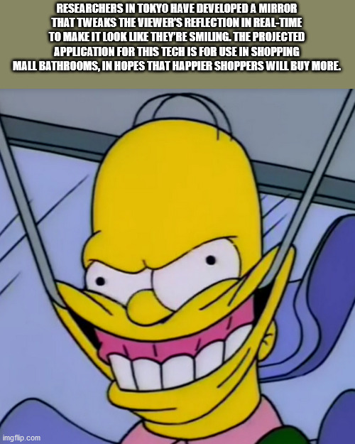 fun facts - homer simpson smile - Researchers In Tokyo Have Developed A Mirror That Tweaks The Viewers Reflection In RealTime To Make It Look They'Re Smiling. The Projected Application For This Tech Is For Use In Shopping Mall Bathrooms, In Hopes That Hap