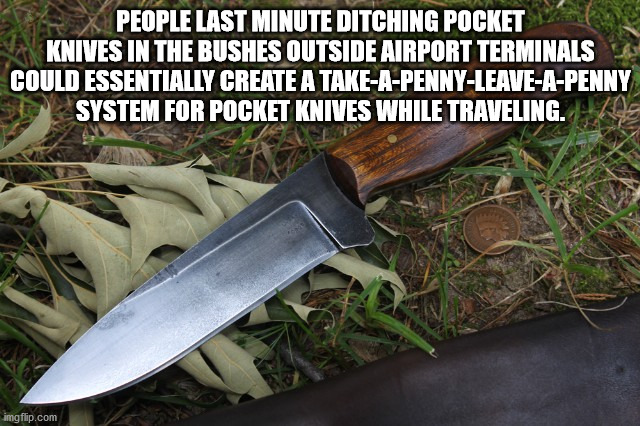 nathalia freitas - People Last Minute Ditching Pocket Knives In The Bushes Outside Airport Terminals Could Essentially Create A TakeAPennyLeaveAPenny System For Pocket Knives While Traveling. imgflip.com