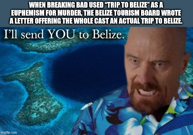 interesting facts - fun facts - When Breaking Bad Used "Trip To Belize" As A Euphemism For Murder, The Belize Tourism Board Wrote A Letter Offering The Whole Cast An Actual Trip To Belize. I'll send You to Belize. imgflip.com