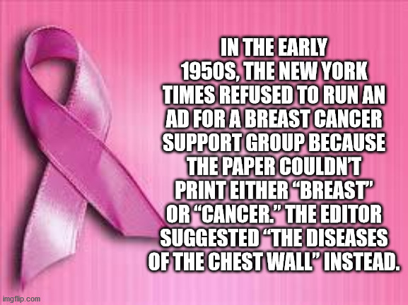 interesting facts - fun facts - meme - In The Early 1950S, The New York Times Refused To Run An Ad For A Breast Cancer Support Group Because The Paper Couldnt Print Either "Breast" Or "Cancer." The Editor Suggested 'The Diseases Of The Chest Wall" Instead