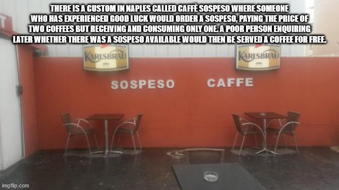 table - There Is A Custom In Naples Called Caff Sospeso Where Someone Who Has Experienced Good Luck Would Order A Sospeso, Paying The Price Of Two Coffees But Receiving And Consuming Only One. A Poor Person Enquiring Later Whether There Was A Sospeso Avai