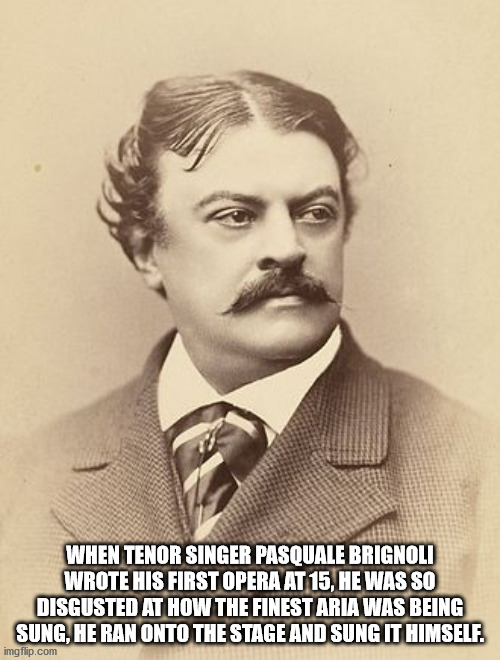 moustache - When Tenor Singer Pasquale Brignoli Wrote His First Opera At 15, He Was So Disgusted At How The Finestaria Was Being Sung, He Ran Onto The Stage And Sung It Himself. imgflip.com