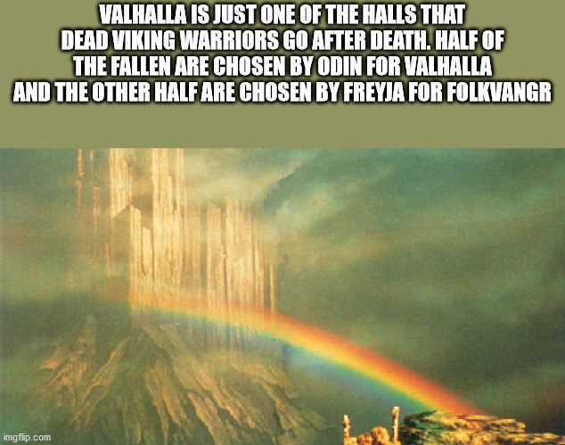 fun facts - rainbow - Valhalla Is Just One Of The Halls That Dead Viking Warriors Go After Death. Half Of The Fallen Are Chosen By Odin For Valhalla And The Other Half Are Chosen By Freyja For Folkvangr La imgflip.com