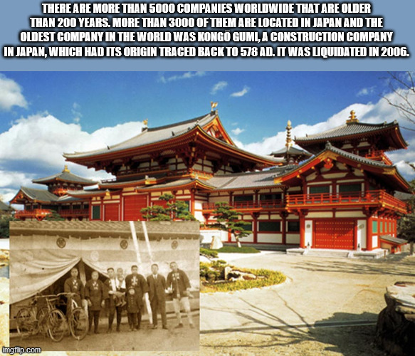 fun facts - byodoin - There Are More Than 5000 Companies Worldwide That Are Older Than 200 Years. More Than 3000 Of Them Are Located In Japan And The Oldest Company In The World Was Kongo Gumi, A Construction Company In Japan, Which Had Its Origin Traced 