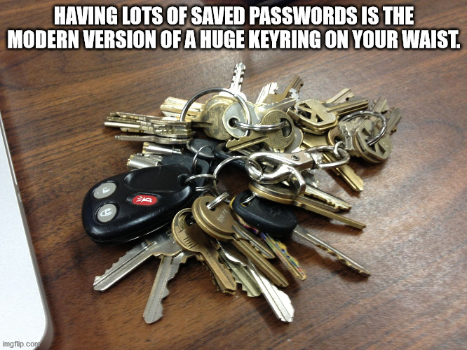 all these keys meme - Having Lots Of Saved Passwords Is The Modern Version Of A Huge Keyring On Your Waist. G imgflip.com
