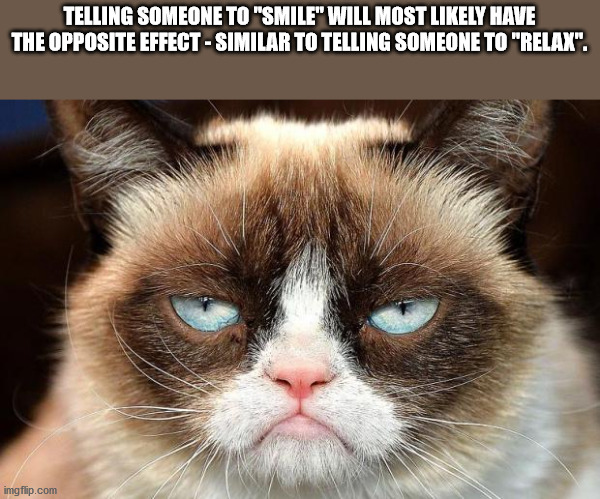 grumpy cat meme template - Telling Someone To "Smile" Will Most ly Have The Opposite Effect Similar To Telling Someone To "Relax". imgflip.com