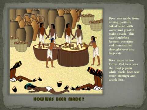 fun facts - interesting facts - ancient egypt food and drink - Beer was made from mixing partially baked bread with water and yeast to makeamanh. This was then left to ferment over time and then strained through seves into Large vats. Beer came in two for