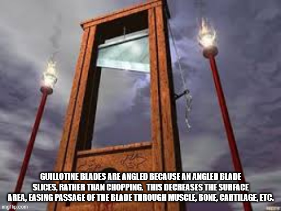 fun facts - factoids - interesting facts - french revolution machine - Guillotine Blades Are Angled Because An Angled Blade Slices, Rather Than Chopping. This Decreases The Surface Area, Easing Passage Of The Blade Through Muscle, Bone, Cartilage, Etc. im