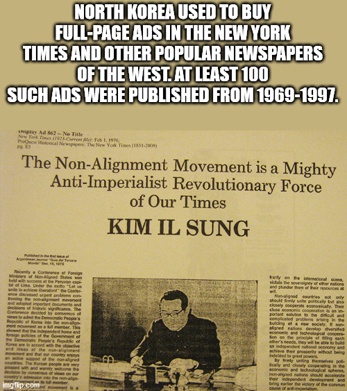 fun facts - factoids - interesting facts - newspaper - North Korea Used To Buy FullPage Ads In The New York Times And Other Popular Newspapers Of The West. At Least 100 Such Ads Were Published From 19691997. usplay Ad 862 No Title New York Times 1923C a d