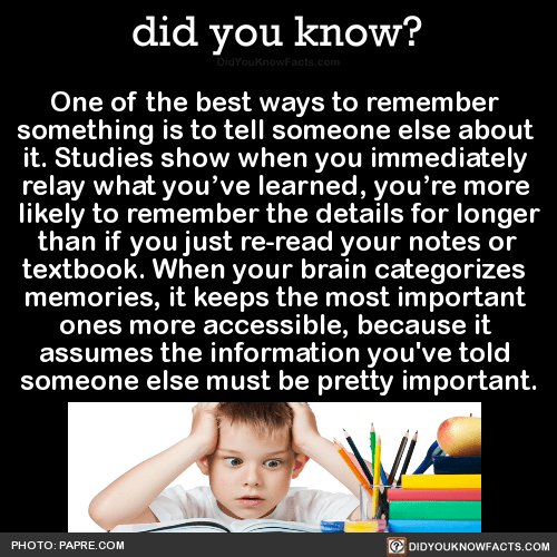 fun facts - factoids - interesting facts - science knowledge facts - did you know? DidYouKnowFacts.com One of the best ways to remember something is to tell someone else about it. Studies show when you immediately relay what you've learned, you're more ly