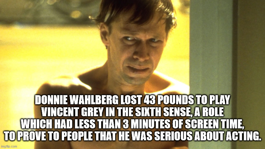 cool facts - photo caption - Donnie Wahlberg Lost 43 Pounds To Play Vincent Grey In The Sixth Sense, A Role Which Had Less Than 3 Minutes Of Screen Time, To Prove To People That He Was Serious About Acting. imgflip.com