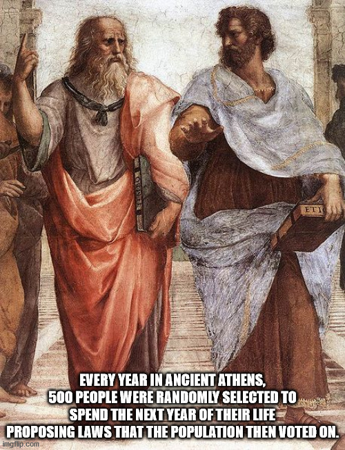 cool facts - glaucon and socrates - Eti Every Year In Ancient Athens, 500 People Were Randomly Selected To Spend The Next Year Of Their Life Proposing Laws That The Population Then Voted On. imgflip.com
