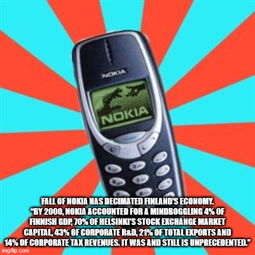 cool facts - nokia 3310 - Nokia Nokia Fall Of Nokia Has Decimated Finland'S Economy. "By 2000, Nokia Accounted For A Mindboggling 4% Of Finnish Gdp, 70% Of Helsinki'S Stock Exchange Market Capital, 43% Of Corporate R&.0, 21% Of Total Exports And 14% Of Co
