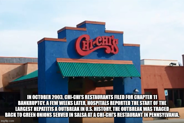 chi chi's - Eeches In , ChiChi'S Restaurants Filed For Chapter 11 Bankruptcy. A Few Weeks Later, Hospitals Reported The Start Of The Largest Hepatitis A Outbreak In U.S. History. The Outbreak Was Traced Back To Green Onions Served In Salsa At A ChiChi'S R