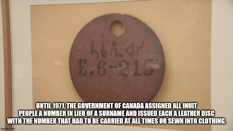 kamla nehru ridge - bir E,6215 Until 1971, The Government Of Canada Assigned All Inuit People A Number In Lieu Of A Surname And Issued Each A Leather Disc With The Number That Had To Be Carried At All Times Or Sewn Into Clothing. imgflip.com