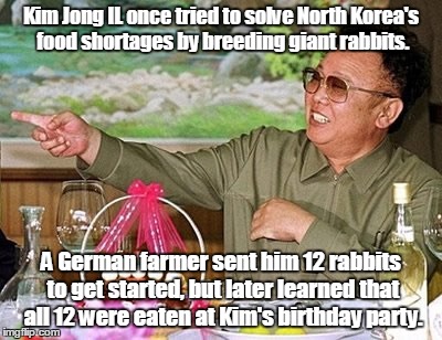 kim jong il funny facts - Kim Jong Il once tried to solve North Korea's food shortages by breeding giant rabbits. A German farmer sent him 12 rabbits to get started, but later learned that all 12 were eaten at Kim's birthday party imgflip.com