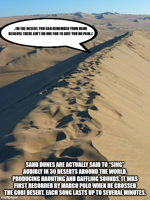 Dune - Sin The Desert, You Can Remember Your Name Because There Ain'T No One For To Give You No Paina Sand Dunes Are Actually Said To "Sing" Audibly In 30 Deserts Around The World, Producing Haunting And Baffling Sounds. It Was First Recorded By Marco Pol